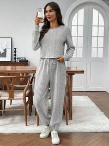 SHEIN LUNE 女式纯色圆领长袖上衣和裤子两件套 - 灰色 - 查看 5