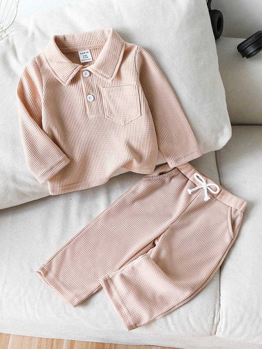 SHEIN Bộ 2 áo thun polo dài tay họa tiết tổ ong cho bé trai và quần dài vừa vặn, thích hợp mặc hàng ngày, hoạt động ngoài trời, quần áo mùa thu - Bụi hồng - Xem 1