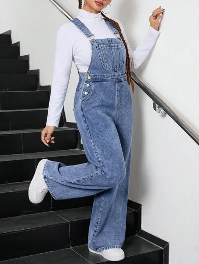 SHEIN Teen Girls Fashion Casual Y2k Vintage Cool Street Returns To School College Pocket Design Blue Denim Overalls For Teen Girl Clothes Teen Girls Soft Dailywear And Teen Girl Winter And Fall Rave Outfits Festival And Outfits Streetwear School Clothes Teen Overalls Wide Leg Denim Overalls