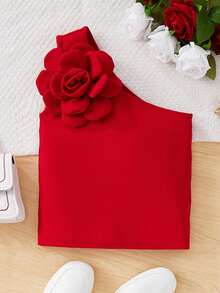Tween Girl Elegant Off-Shoulder Solid Color Sleeveless Tank Top For Summer With 3d Flower Decoration - Red - View 1