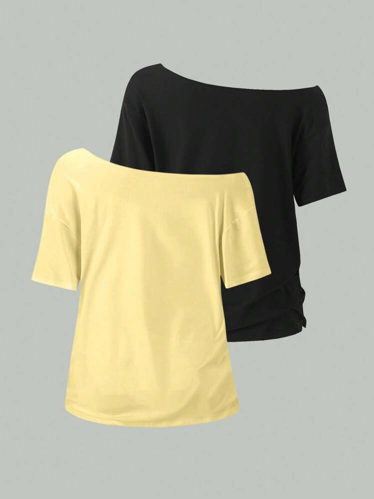 SHEIN Unity 2 pièces T-shirts amples asymétriques pour femmes, hauts oversize élégants de couleur unie noir et jaune - Multicolore - Voir 2