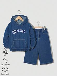 Bộ đồ denim 2 mảnh cho bé trai tuổi teen, giản dị, thoải mái, đa năng, giặt mềm, vừa vặn, áo hoodie và quần lửng cạp chun, phù hợp cho mùa xuân/thu - Rửa trung bình - Xem 1