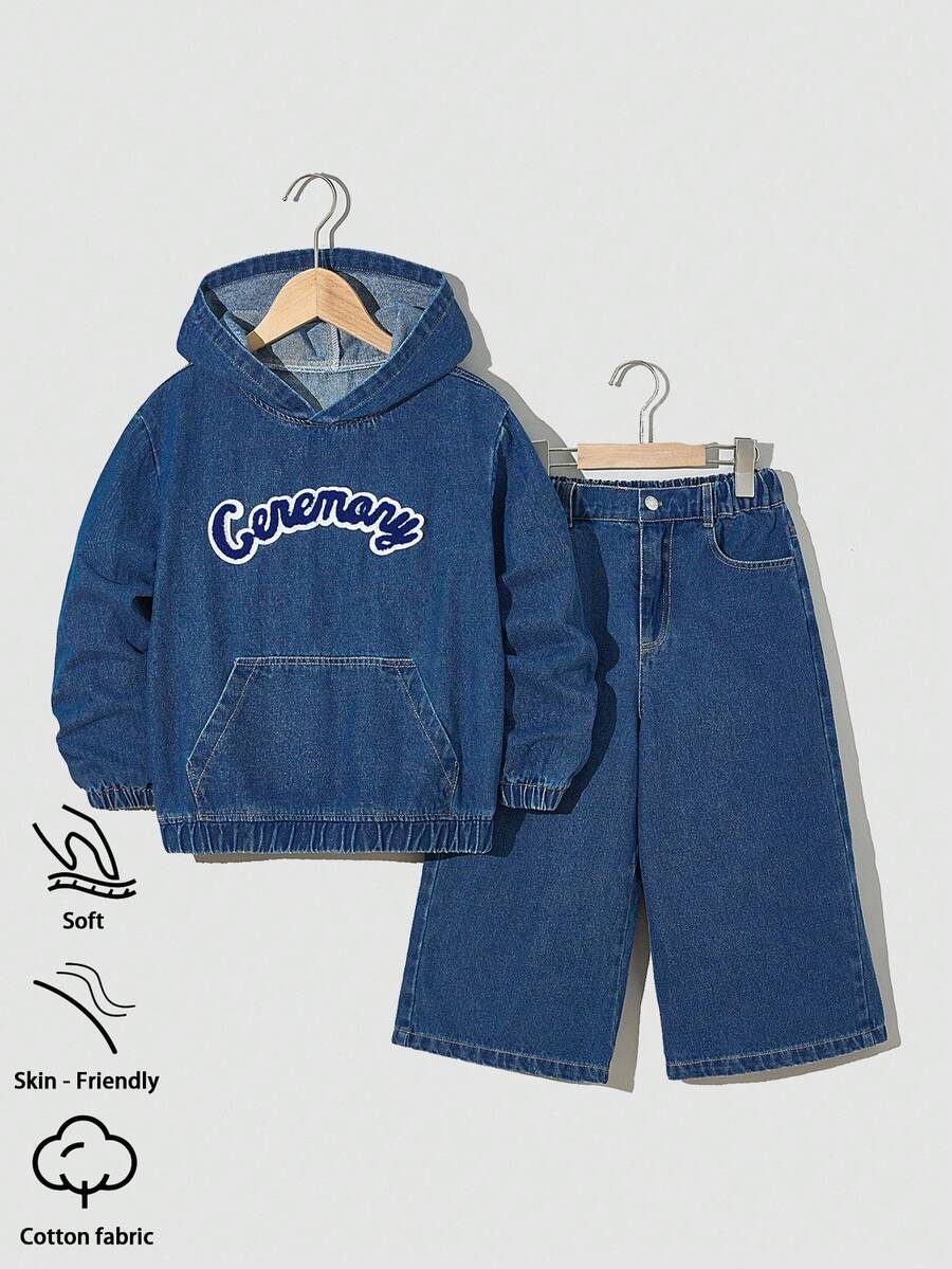 Bộ đồ denim 2 mảnh cho bé trai tuổi teen, giản dị, thoải mái, đa năng, giặt mềm, vừa vặn, áo hoodie và quần lửng cạp chun, phù hợp cho mùa xuân/thu - Rửa trung bình - Xem 1