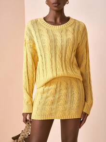 Zivah Winter New Styles, Christmas, New Year, Wedding Season, Valentine's Day, Birthday Parties, Graduation Season, Daily Outings, Basic, Versatile, Casual Vacation, Cruise Travel, Casual Elegance, Commuting, Street European Style, Simple Style, Women's Holiday Outfits, Round-Neck Long-Sleeved Loose Sweater + Mini Skirt, Cut-Out See-Through Woolen Suit, Women's Sweater Two-Piece Set - Yellow - View 6