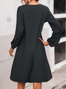SHEIN LUNE Women's Casual Black Mini Dress With Long Lantern Sleeves And V-Neck Fall Cloth For Women