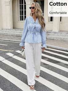 Serisse 女士休闲日常条纹系带荷叶边下摆衬衫，蓝白条纹长袖衬衫，纯棉系带衬衫，V领长袖上衣，适合秋季、冬季和所有季节，也适合女士冬季穿着，休闲办公装，法式风格，商务休闲装，优雅，通勤装，简约风格，办公室装，复古风，简约，商务休闲 - 藍白色 - 查看 6