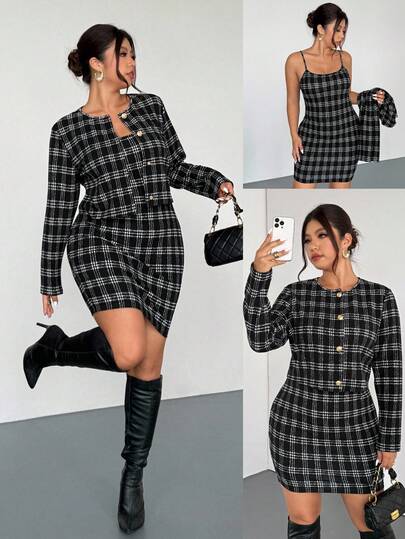 Firerie Conjunto de dos piezas de vestido corto y holgado sin mangas con estampado digital a cuadros vintage en contraste de color negro y blanco, talla grande talla, elegante para ir al trabajo, ocasiones sofisticadas, té de la tarde, citas, conciertos, fiestas, estilo INS