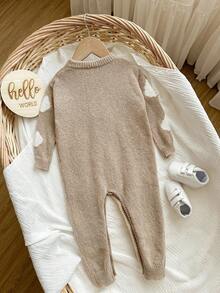 SHEIN Newborn Baby Boy/Girl Apricot Casual Cute Funny Korean Basic Style Versatile Simple Open-Crotch Romper Jumpsuit, Soft & Comfortable Blue Sky White Cloud Pattern, Suitable For Indoor & Outdoor, Autumn/Winter Fall - Multicolor - View 2