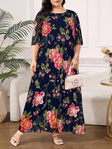 Reflora Vestido de verano elegante de gasa plisada con estampado geométrico para tallas grandes