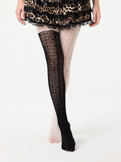 Grunge Punk 1 Stück asymmetrische schwarz-weiße elastische Strumpfhose/Leggings für Frauen