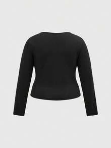 ROMWE Goth Tricou scurt, croit scurt, elastic, negru, cu guler rotund, mărime plus, cu design horror întunecat și misterios - Negru - Vizualizare 2