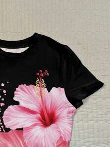 Attitoon Women's Floral & Hawaiian Print Crew Neck Short Sleeve Fitted T-Shirt, Suitable For Summer - Black - View 6