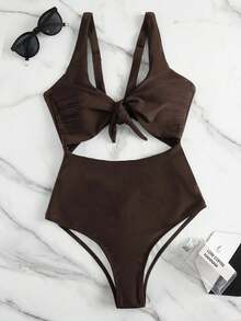 SHEIN Swim Áo tắm liền thân không tay màu nâu sô cô la thanh lịch, cạp cao, dây đeo có thể điều chỉnh, màu trơn, năm 2026, thích hợp cho mùa xuân/hè. - Màu nâu Sô-cô-la - Xem 4