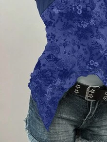 SHEIN EZwear 蓝色复古花卉图案女式吊带背心，适合夏季 - 藍色 - 查看 3