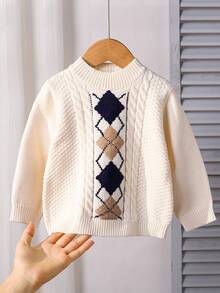 SHEIN Unisex Baby Geometric Pattern Long Sleeve Knit Sweater, Casual & Cute, Suitable For Baby Boys And Girls, Autumn/Winter Fall