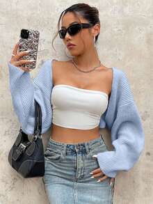 EURMUSE Áo khoác cardigan hở vai hở trước Y2K Grunge không có áo ống - Màu xanh nhạt - Xem 7