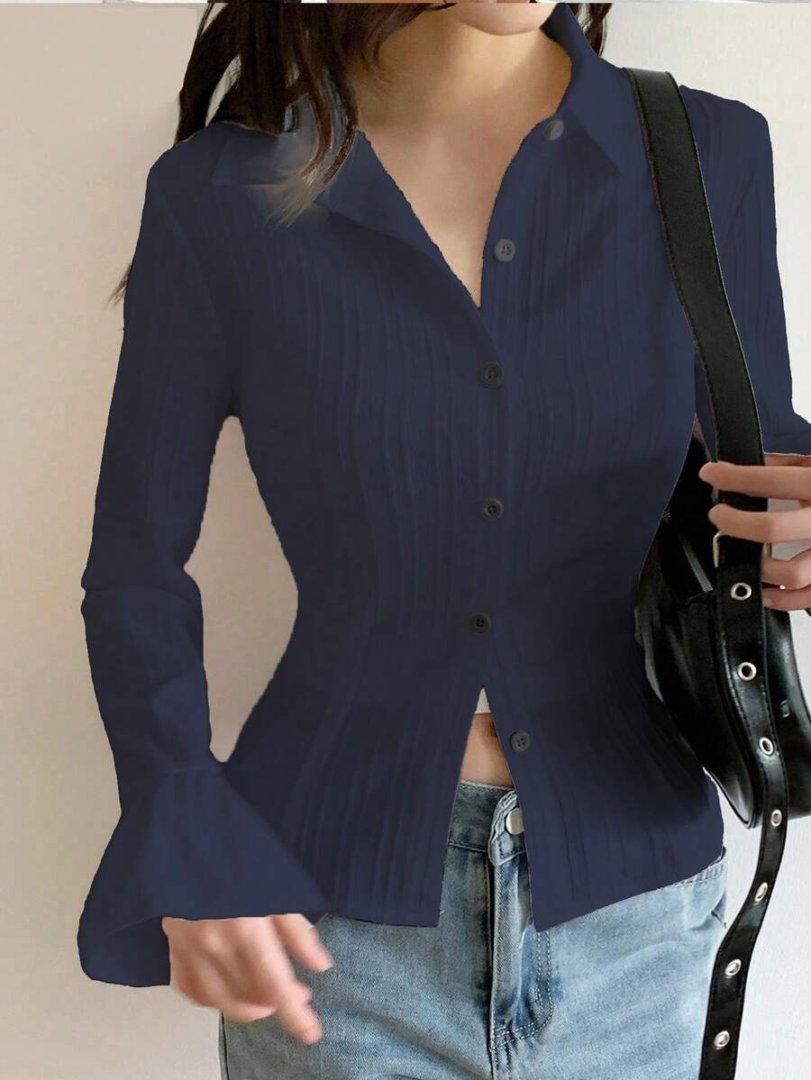 少女法式腰部设计长袖喇叭袖荷叶边下摆休闲衬衫，适合夏季日常时尚 - 藍色 - 查看 1