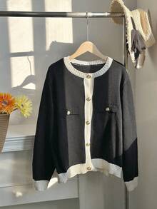Comfortcana Cárdigan de cuello redondo con botones delanteros y ribete de contraste, talla grande para otoño/invierno - Blanco y Negro - Ver 1