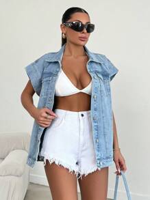 EURMUSE 100%Cotton Elastic Band Detailed, Rigid Vest - Light Wash - View 3