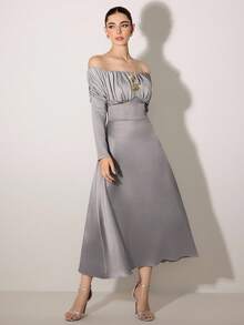 Modelyn Women's Solid Color Off-Shoulder Casual Dress - Light Grey - View 5