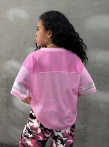 Coolane Kids Tween Girl 纯色拼布 V 领短袖字母图案休闲 T 恤 - 彩色 - 查看 3