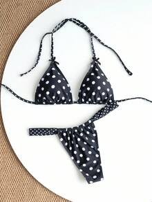 Swim Basics 2 件装夏季海滩黑色圆点印花吊带比基尼泳装带蝴蝶结装饰