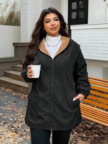 SHEIN EZwear Veste décontractée à capuche à fermeture éclair pour femmes grande taille, manches longues, automne/hiver. Vêtements pour femmes élégants, noirs, à manches longues, avec ceinture, capuche, pour le travail, les rendez-vous, les sorties, les fêtes, les invités de mariage, chic, doublure thermique, Noël - Noir - Voir 6