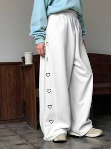 1 件时尚年轻女孩白色中腰直筒裤，带有俏皮心形印花和口袋，温暖，适合旅行、居家、学校、休闲装，秋冬 - 白色 - 查看 3