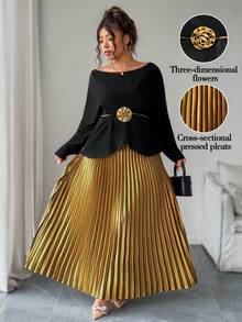 Elenzga 加大码缎面裹身加大码领长袖衬衫 + 缎面褶饰腰裙两件套，休闲外出、度假、派对装