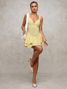 SHEIN BAE Đầm ngắn không tay cổ tim bèo nhún thời trang màu trơn dành cho nữ - Màu vàng - Xem 1