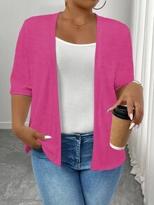 SHEIN LUNE Plus Size Women's Knitted Open Front Cardigan - Hot Pink - View 3