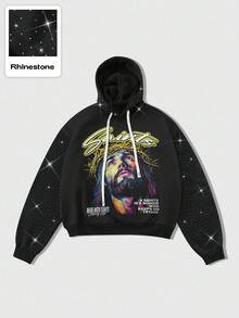 ROMWE MEN Street Life Unisex Jesus Graphic Rhinestone Embellished Hoodie, Casual Everyday Wear, Autumn/Winter
