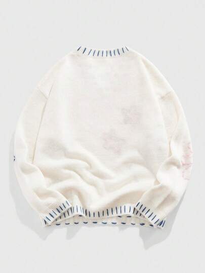 Street Life Men's Floral Embroidery V-Neck Long Sleeve Loose Casual Sweater