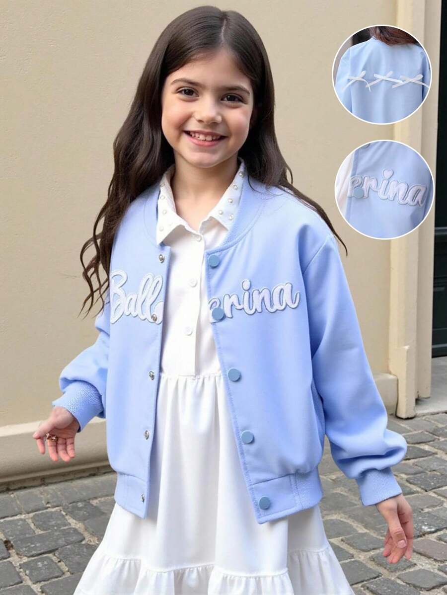 年轻女孩休闲百搭字母刺绣夹克 - 藍色 - 查看 1