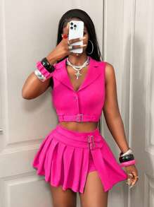 BamGleam Women's Solid Color Lapel NeckWaist Buckle Single-Breasted Short Vest And Pleated Skort 2 Pieces Set, Casual - Pink - View 4