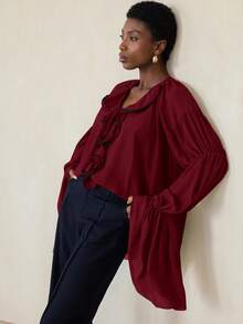 Aveloria Modichic V-Neck Ruffle Trim And Ruffle Trim Cuffs Blouse, Artistic For Autumn Strolls In The Woods And Cafe Chats - Red - View 6
