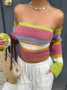 SHEIN Unity 性感拼色露肩女式毛衣 - 彩色 - 查看 6