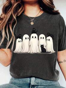 EMERY ROSE Áo thun họa tiết cỡ lớn, Áo thun tay ngắn phong cách đường phố, Áo mùa hè dễ thương, Áo thun Halloween cỡ lớn, Phong cách kỳ nghỉ - Màu xám đen - Xem 3