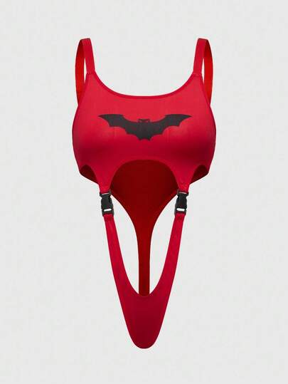 Goth Gothic Bat Print Backpack Buckle Sexy Bodysuit, Halloween