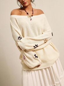 SHEIN VCAY Plus Size Loose Fit Sweater With 3D Floral Decor And Drop Shoulders Autumn Winter Clothes For Women - Beige - View 4