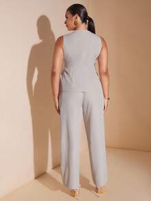 SHEIN BAE Plus Size Women's Business Solid Color Minimalist High-End Sleeveless Blazer And Pants Suit Set In Fall/Winter - Apricot - View 5