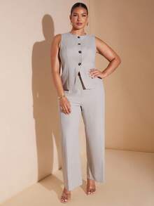 SHEIN BAE Plus Size Women's Business Solid Color Minimalist High-End Sleeveless Blazer And Pants Suit Set In Fall/Winter - Apricot - View 8