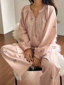 DAZY Floral Print Loose Women Pajama Set, Fall Winter Clothes - Baby Pink - View 6