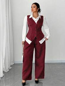 Elenzga Plus Size Women's Button Striped Patchwork Contrast Color Shirt And Striped Pants Elegant Commuter 2 Pieces Set Fall Cloth For Women - Red - View 4