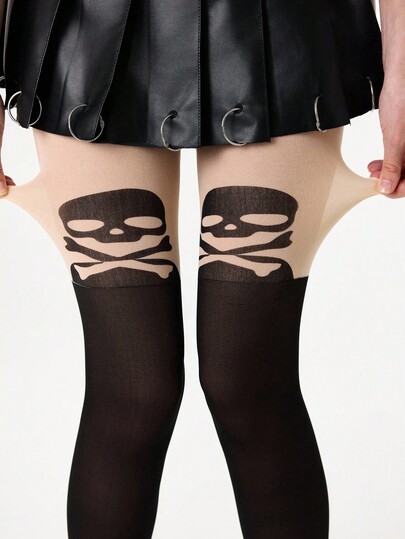 Grunge Punk 1 Pair Halloween Sexy Skeleton Print Tights, Y2K Minimalist Black & Skin Tone Patchwork Pantyhose, Super Thin Elastic Sheer Leggings