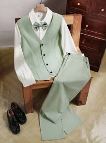 SHEIN 2pcs/Set Teen Boy Gentleman Outfit - Slim Fit Mint Green Vest + Texture Long Trousers, Elegant Formal Suit For Birthday, Wedding, Graduation Party, Wedding Guest, Pageboy, Ring Bearer - Mint Green - View 6
