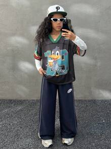 Coolane Kids 青少年女孩黑色裤子返校服装妈妈和我 Garphic 复古 Kpop 海军蓝宽腿运动裤足球/排球感恩节万圣节服装圣诞节运动裤春/秋/冬