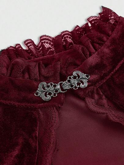 Goth Blouse élégante pour femmes avec col montant, manches évasées en velours et patchwork de dentelle