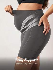 GLOWMODE FeatherFit™ Super High Rise Belly Support 8" Maternity Biker Shorts High-Stretchy - Dark Grey - View 1