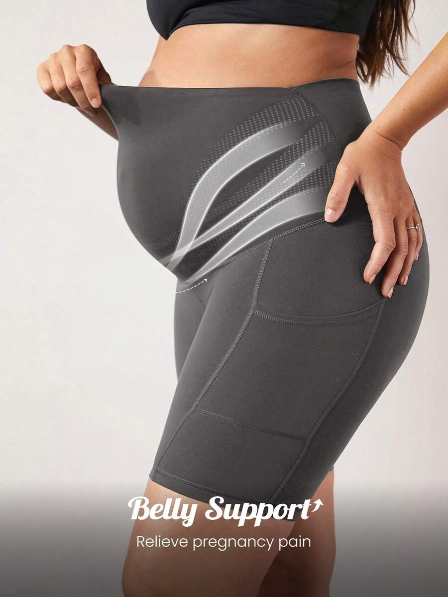 GLOWMODE FeatherFit™ Super High Rise Belly Support 8" Maternity Biker Shorts High-Stretchy - Dark Grey - View 1